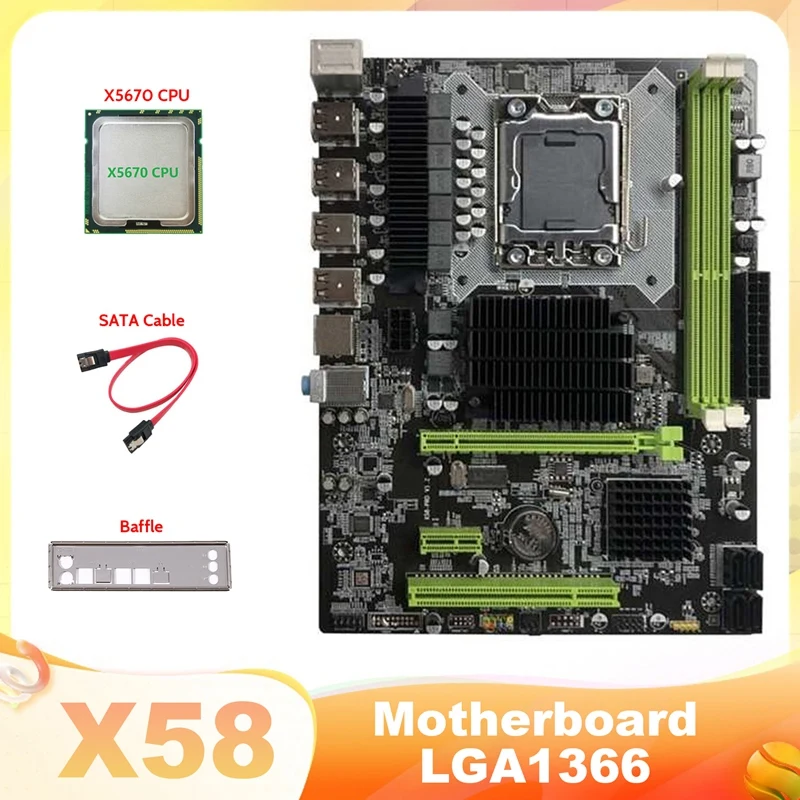 

X58 Motherboard LGA1366 Computer Motherboard Supports DDR3 ECC Memory Support RX Graphics Card With X5670 CPU+SATA Cable