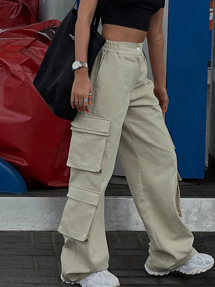 

Однотонные повседневные брюки-карго 2022, женские модные мешковатые брюки со средней талией и большими карманами, уличная одежда, спортивные ...