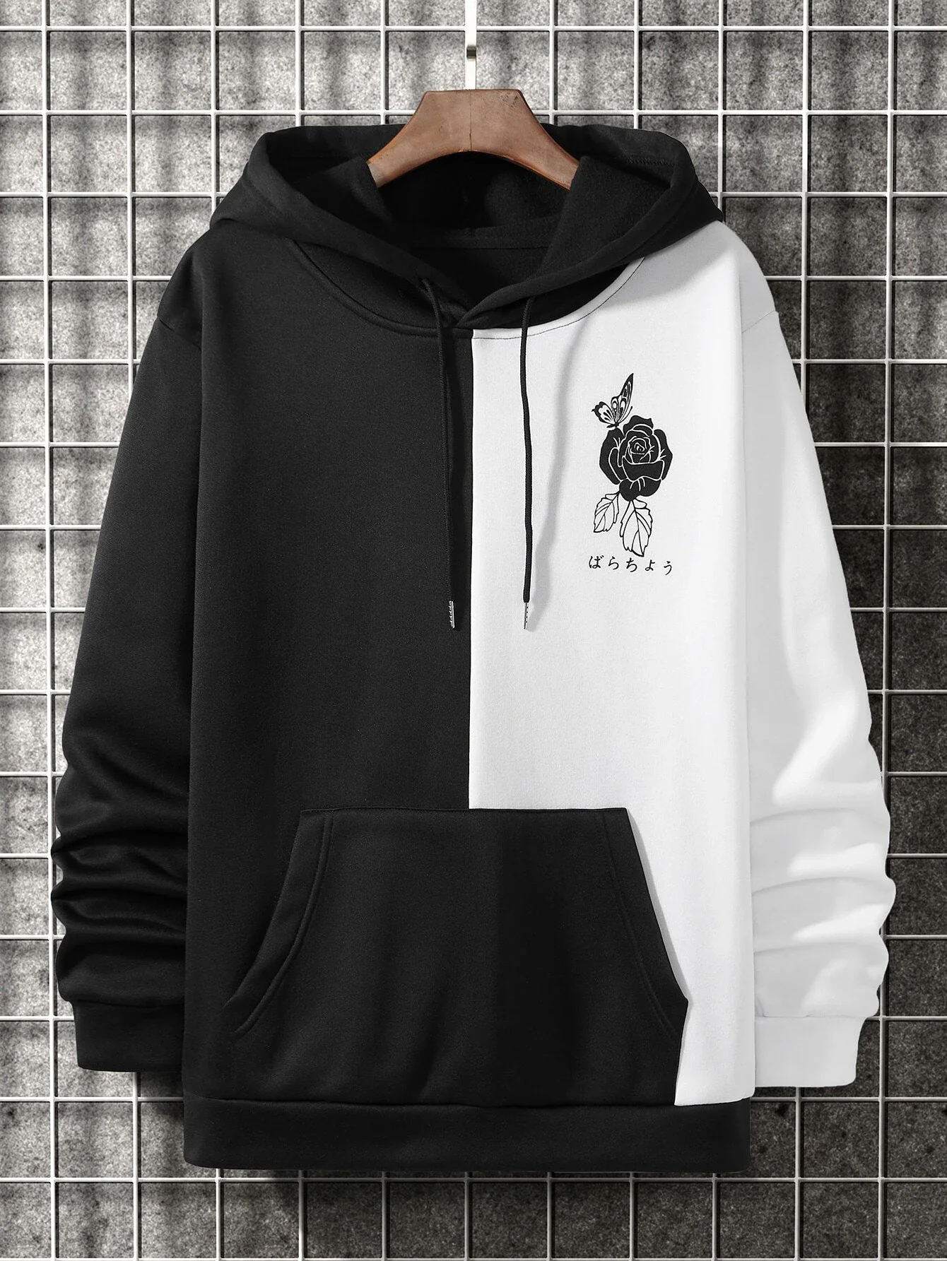 

Men Floral & Japanese Letter Graphic Two Tone Drawstring Thermal Hoodie