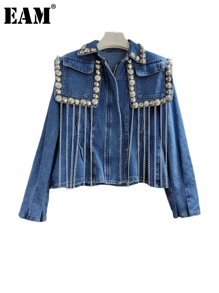 

[EAM] Loose Fit Blue Denim Tassels Rivet Jacket New Lapel Long Sleeve Women Coat Fashion Tide Spring Autumn 2022 1DE9283