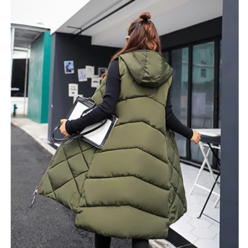 Women's Sleeveless Vest Long Down Jacket Solid Korea Hooded Padded Vests Loose Females 2022 Ladies Fashion Casual Winter Coat