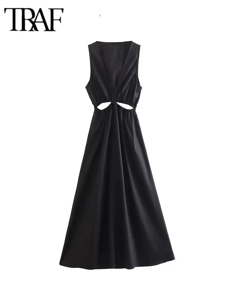 

TRAF Long Dresses for Women 2023 Summer Dress Woman Sleeveless Hollow Out Casual Dress Women Party Dresses