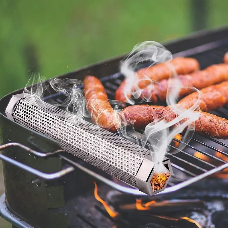 

BBQ Stainless Steel Perforated Mesh Smoker Tube Filter Gadget Hot Cold Smoking Hexagon BBQ Smoked Spice Tube