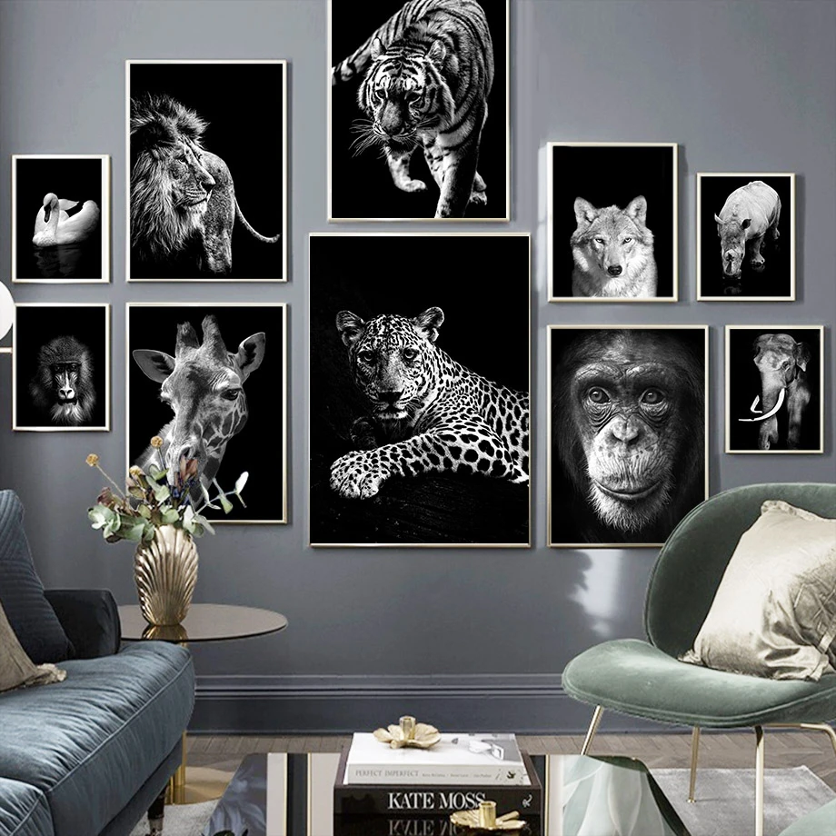 

Плакат с черно-белыми животными, тигр, Лев, волк, холст, живопись, настенные художественные принты, картины для украшения дома, гостиной