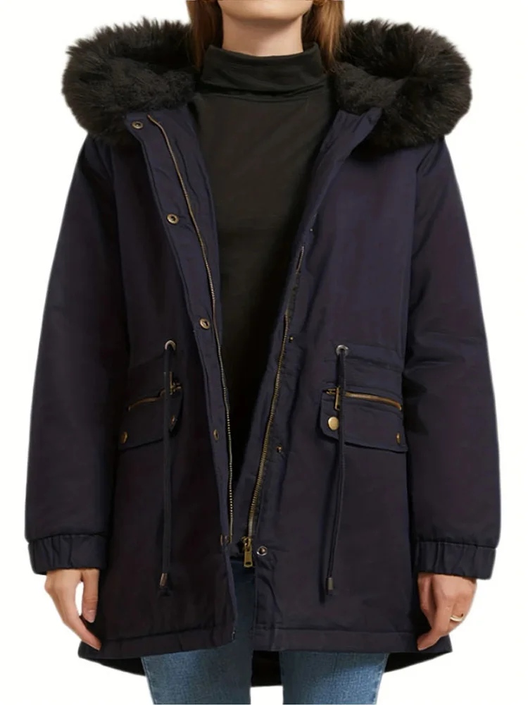 

2023 Autumn Winter Women New Padded Cotton Parkas Casual Solid Warm Long Jackets with Fur Collar Hooded Fleece Zip Up Coats