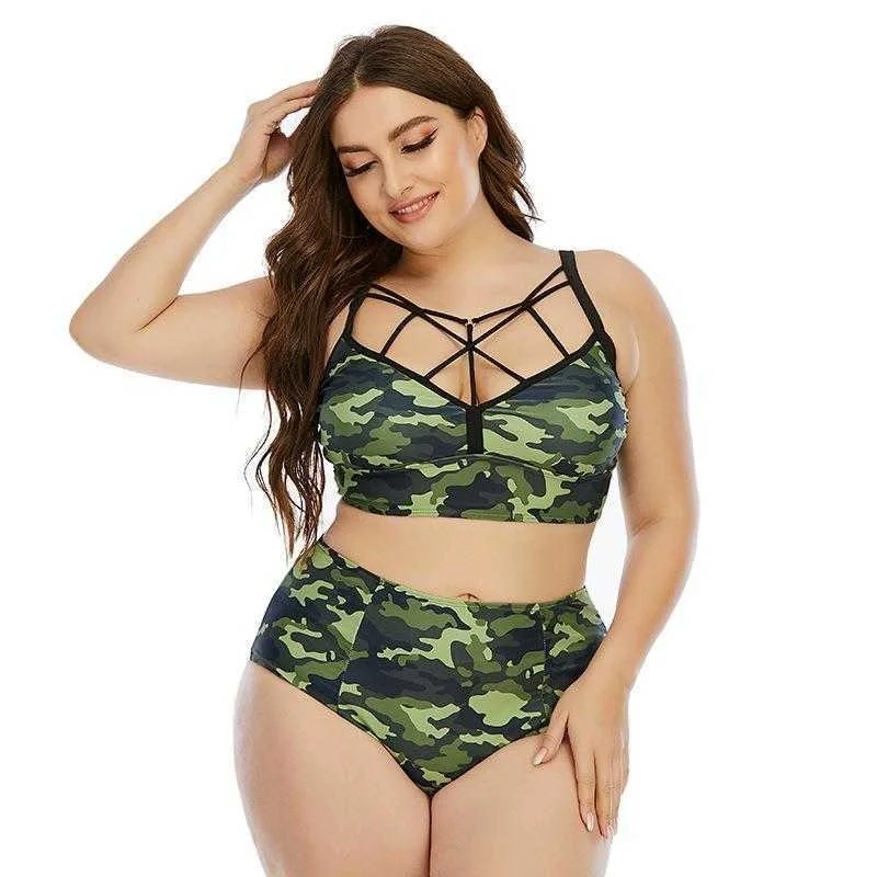 

Ali One Stop Fat Swimsuit Woman Split Military Camp Green Printed