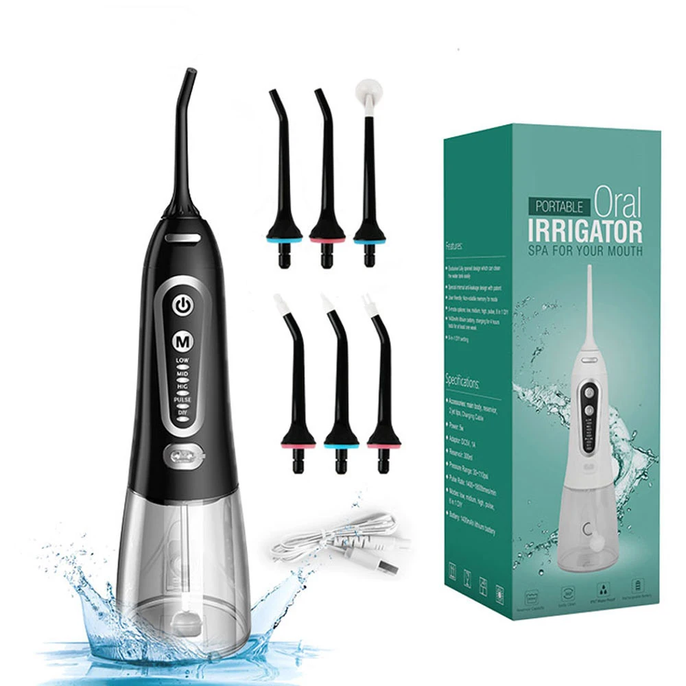 

Oral Irrigator 5 Modes Portable Rechargeable Dental Water Jet 6 Nozzles Waterproof 300ML Tank Water Flosser For Teeth Whitening