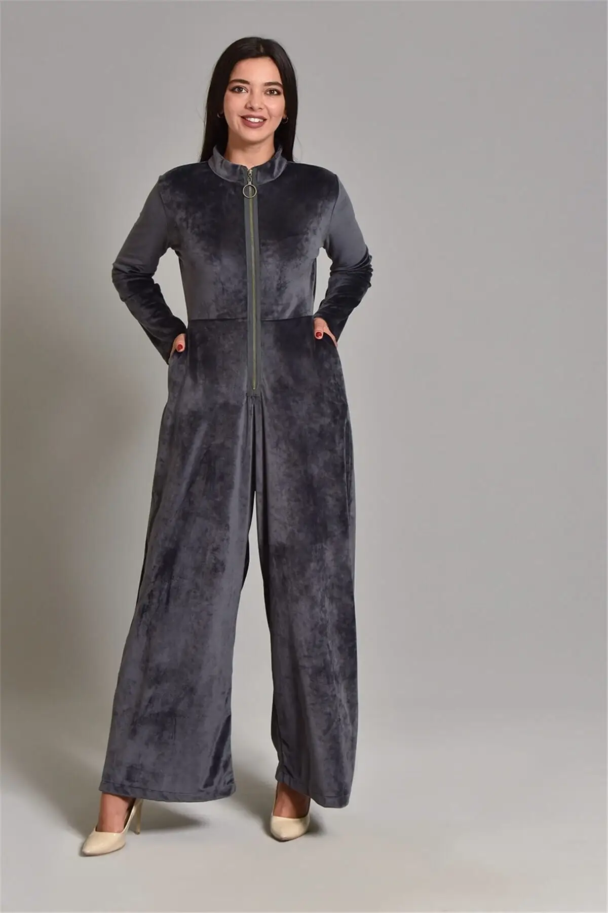

Women's Overalls Gray Zipper Detail Jumpsuit Hot Style Quality Fabric Sleeveless Baggy Trousers Casual Jumpsuit