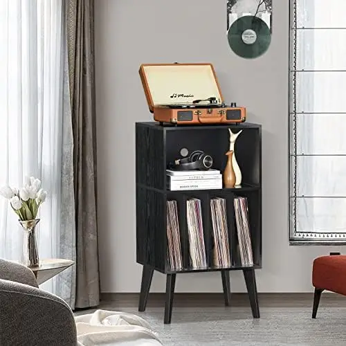 Record Player Stand, White Turntable Stand Holds up to 160 Albums, Mid-Century Vinyl Storage Cabinet Table with Solid Wood Legs,