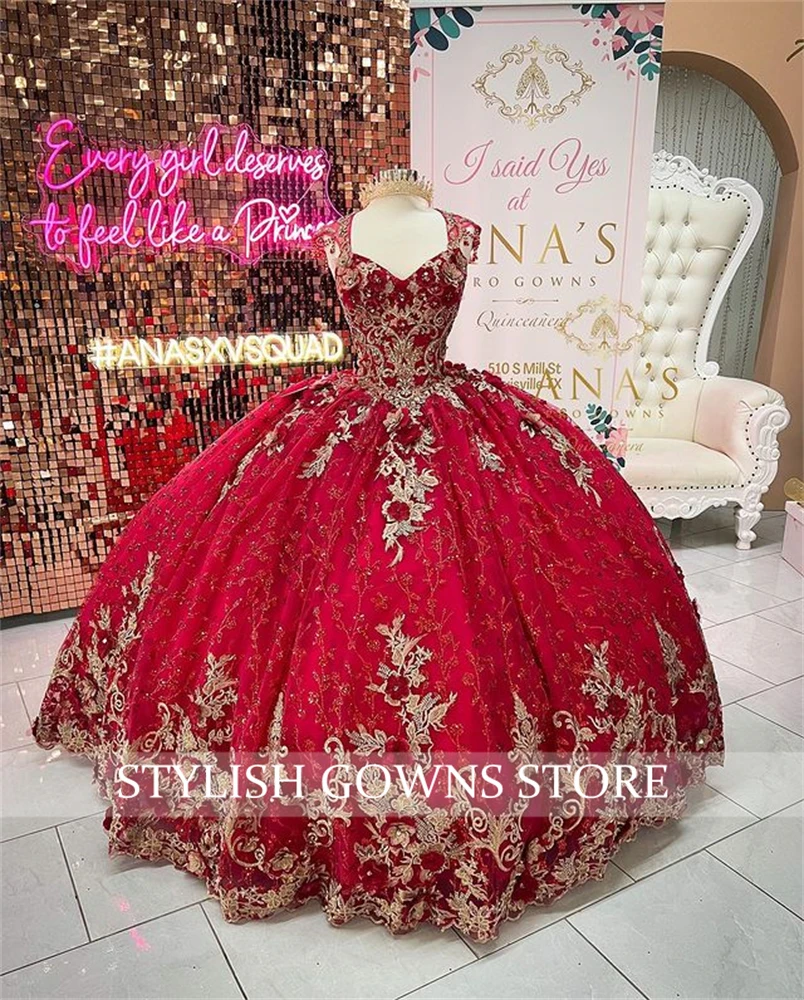 

Red Sweetheart Ball Gown Quinceanera Dress Beaded Birthday Prom Dresses Appliques Graduation Gowns Vestido De 15 Anos