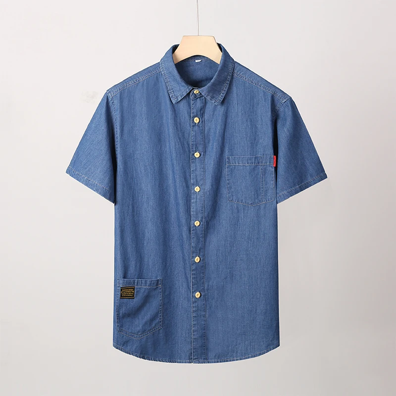 New Summer Men's Blue Denim Shirts Short Sleeve Jean Shirts High Quality Men Cotton Light Blue Denim Shirts Plus size XL-8XL