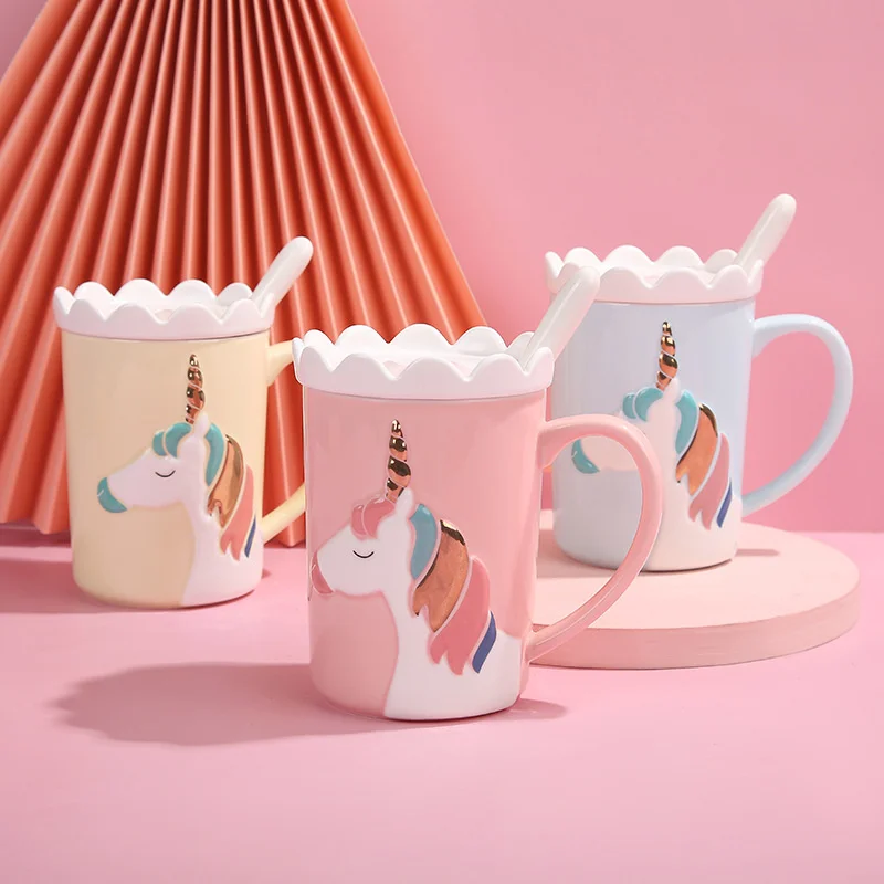 

350ml Relief Unicorn Coffee Mug Water Tea Ceramic Milk Breakfast Cup Creative Mug With Spoon Cover Ceramic Cute Office Household