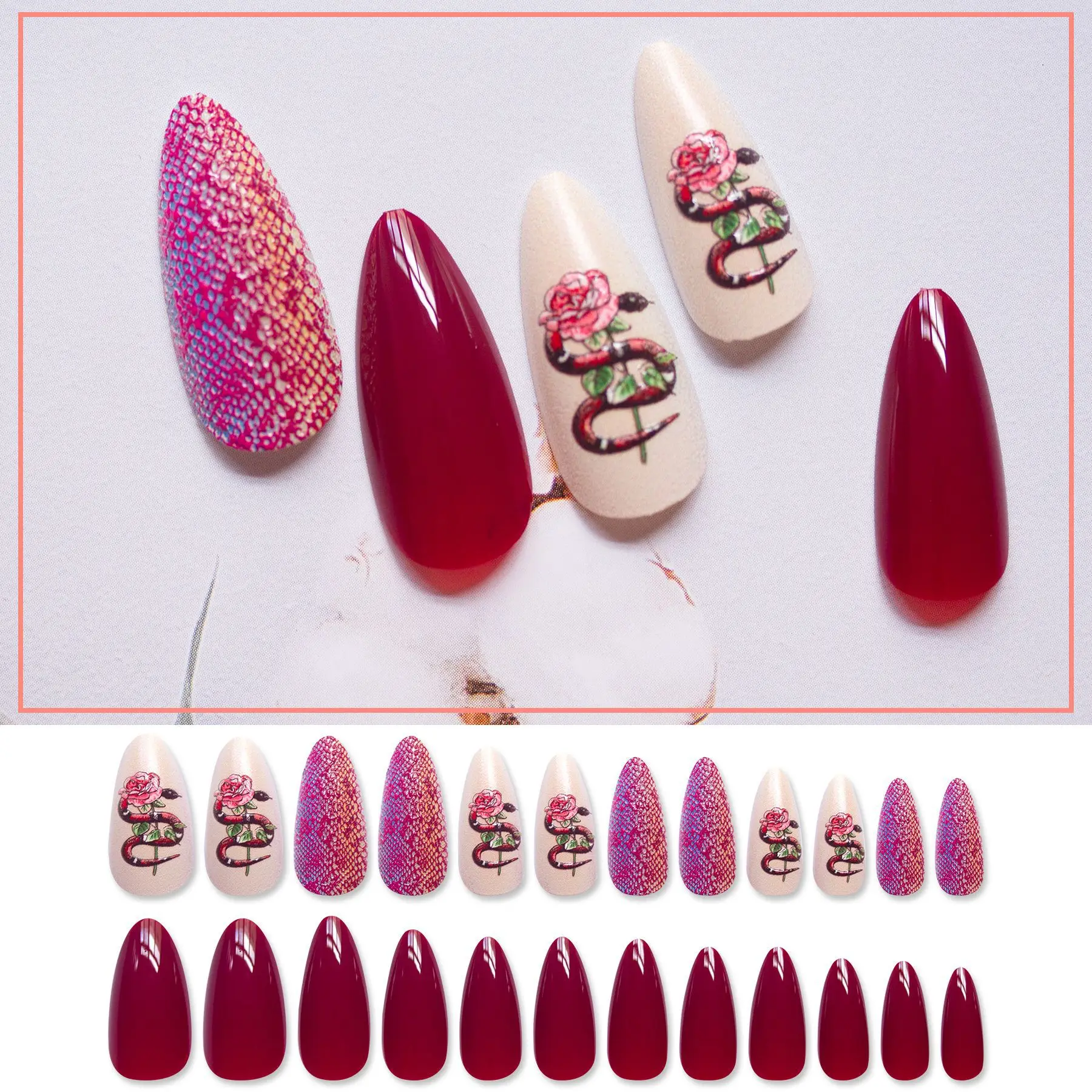 

24Pcs Advanced Red Snake Pattern Almond Pointed False Nails Glitter Wearable Butterfly Nail Art Artificial Nail Fashion Manicure