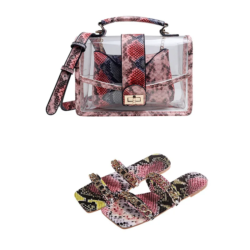 

Summer New Snake Print Flat Slippers Large Size Fashion Beach Sandals Ladies Shoes Bag Set Luxury Sexy Ladies Shoes Flip Flop