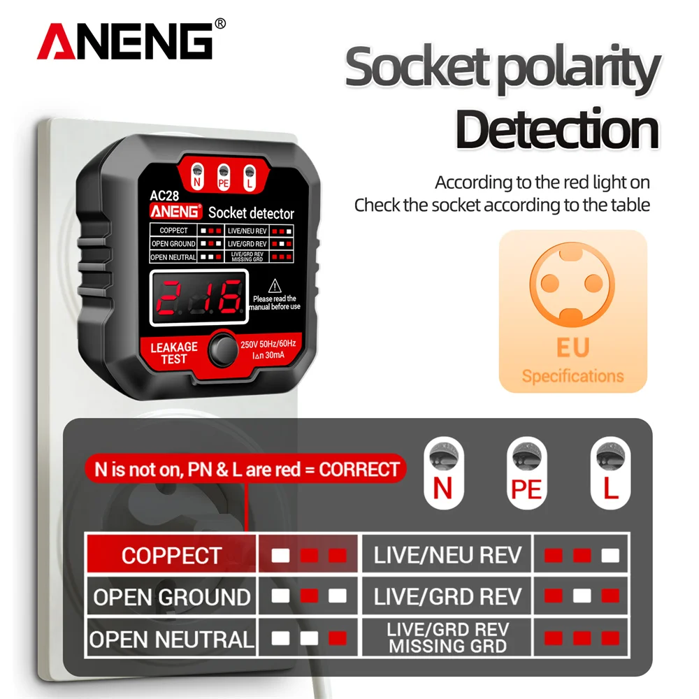 

ANENG AC28 Digital Display Socket Tester UK US EU Plug Polarity Phase Pheck Detector Voltage Test Multi-function Electroscope