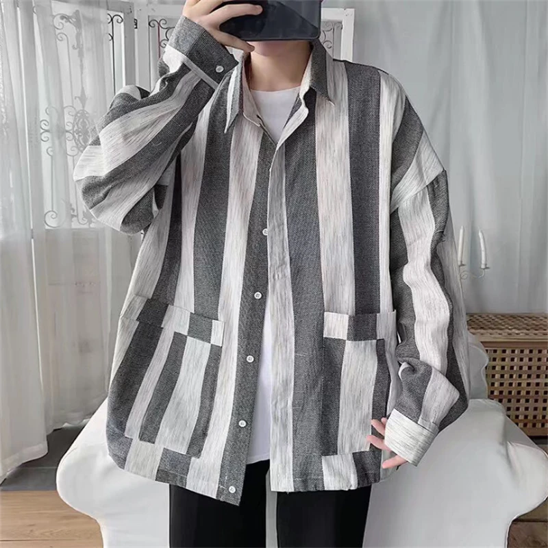 

Men Shirts Spring Summer Casual Striped Print Lapel Shirt Fashion Single-breasted Long Sleeve Tops