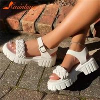 karinluna hot sale women sandals chunky high heels platform open toe weave buckle strap black shoes woman casual white sandals