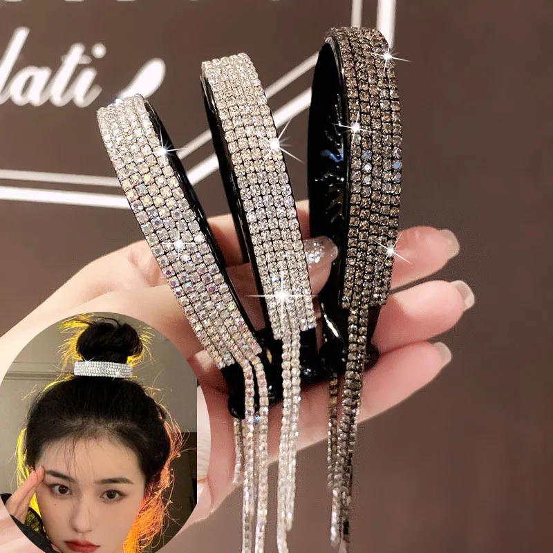 

New Women Elegant Luxury Rhinestone Tassel Ponytail Hair Claws Lady Sweet Meatball Hair Clips Headband Fashion Hair Accessories