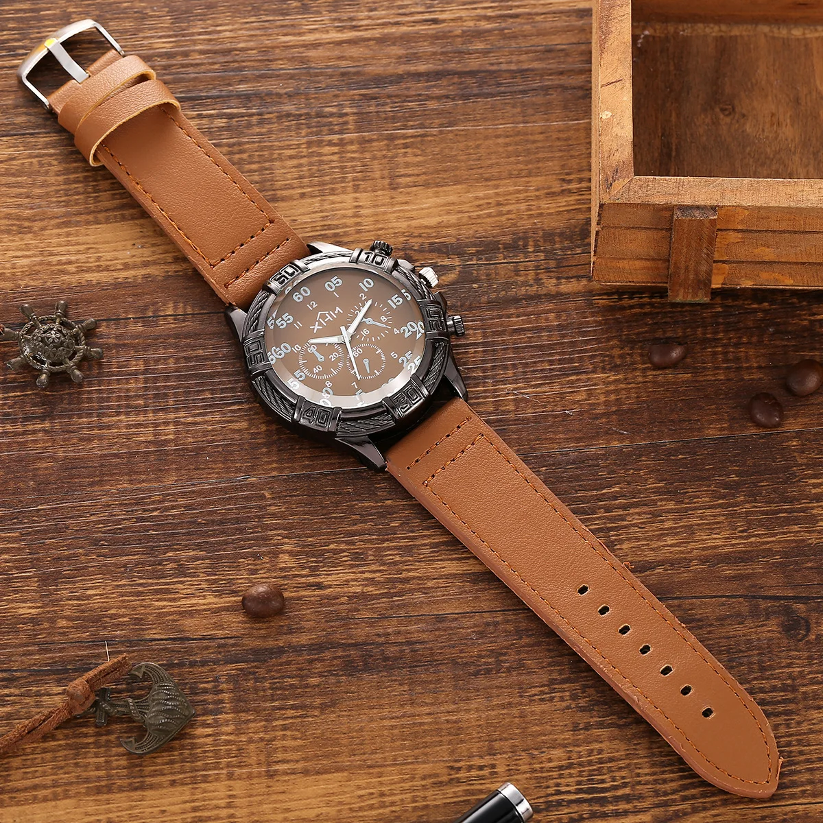 3pcs/set Fashion Casual Business Match Large Dial Belt Quartz Watch Plus Bracelet Set Holiday Birthday Business Gift for Men