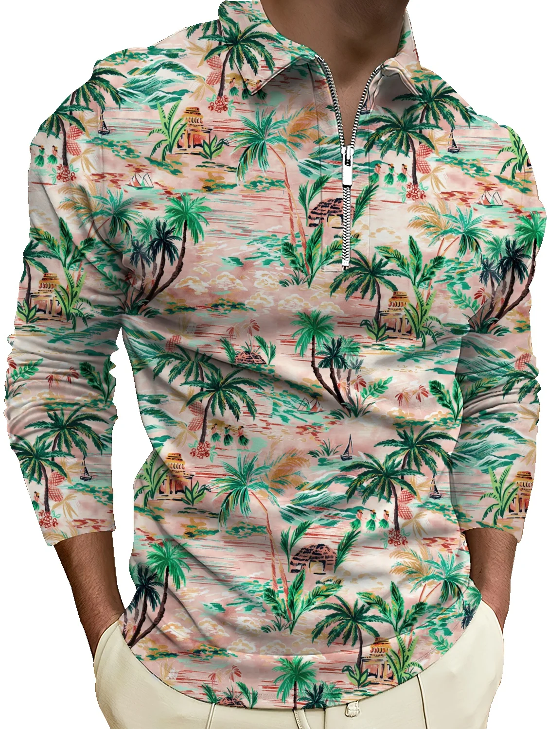 

European and American foreign trade cross-border men's Amazon lapel casual holiday romantic floral print men's zipper polo shirt