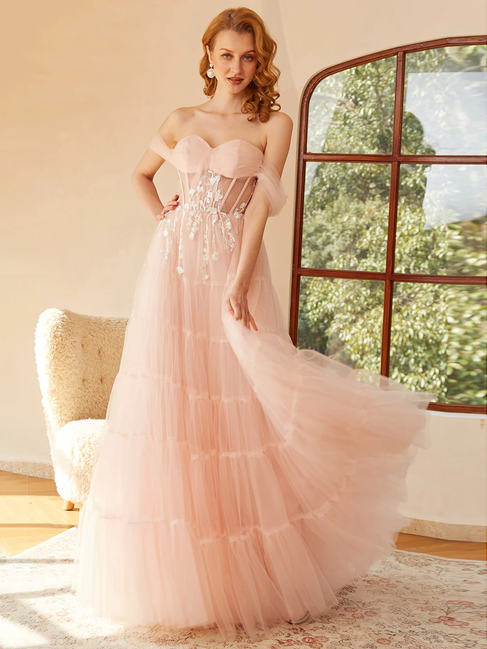 

Simple Off Shouder Evening Dresses Floor Length Appliques A-Line Formal Prom Dress 2022 Backless Pink Tulle Party Gowns New