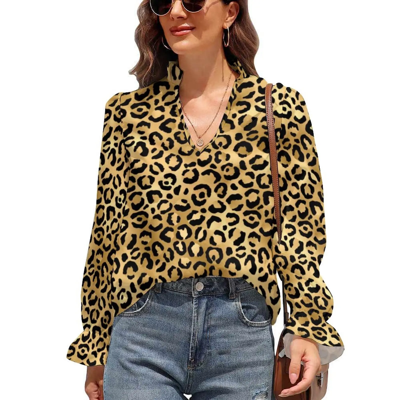 

Cheetah Animal Trendy Chiffon Blouse Black Gold Leopard Print Stylish Modern Blouses Woman Ruffled Long Sleeve Modern Shirt
