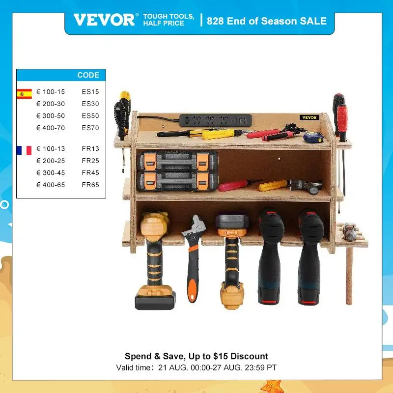 VEVOR Hand Power Tool Organizer Rack, Wall Mounted Drill Holder, 5 Hanging Slot Charging Station, 2-Shelf Cordless Drill Storage