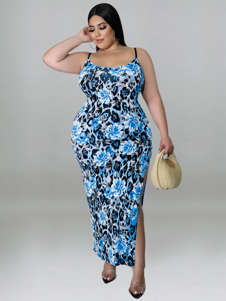 Plus Size Floral Printed Dress for Women 2022 Slip Sexy Package Hip Dress Sleeveless Side Slit African Femme Casual Summer Robes