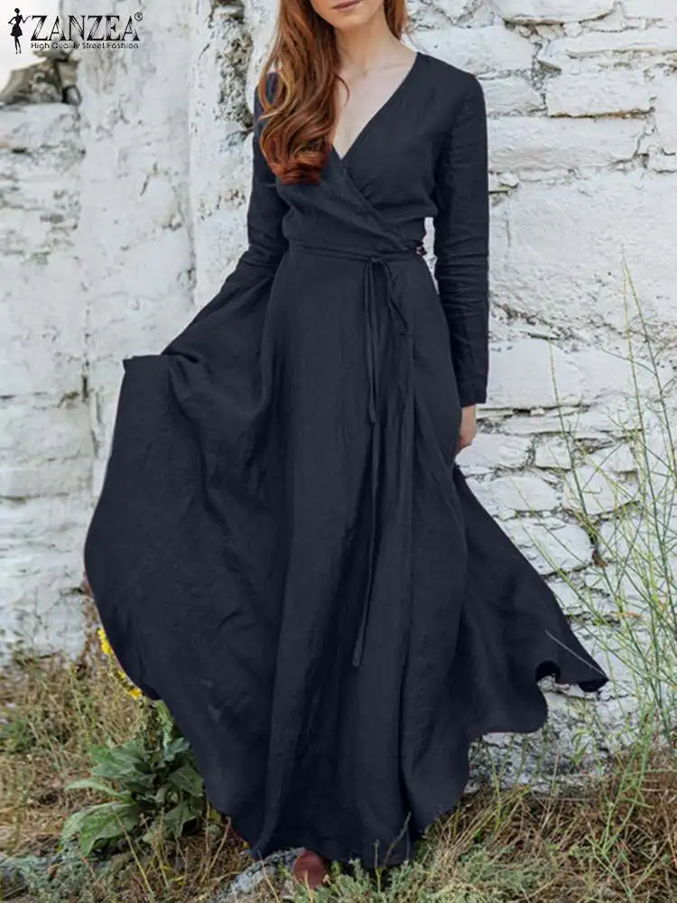 

ZANZEA Summer Women Solid Color Dress Long Sleeve V-Neck Cotton Sarafans Sundress Femme Pleated Holiday Elegant Beach Robe 2022