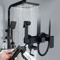 Black Brass Shower Faucet Set with Bidet Sprayer Wall Mount Adjustable Multifunction Cold Hot Water Mixer Valve Bathroom Tap