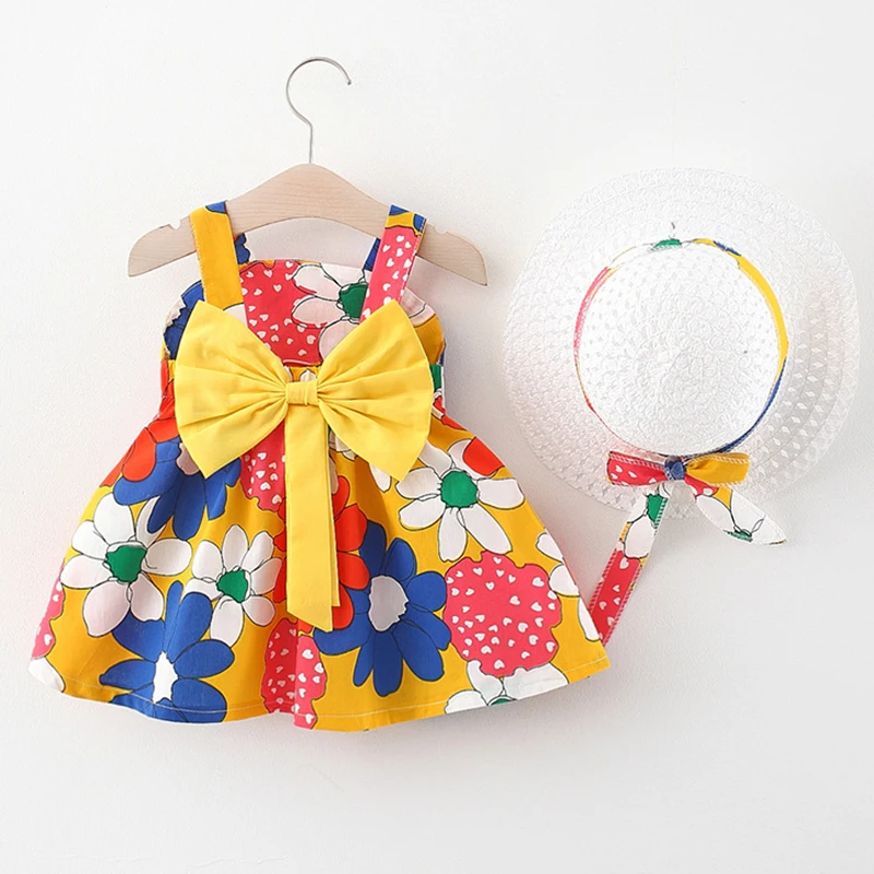 

2Piece Summer Outfit Infant Baby Girl Princess Beach Dress+Sunhat Cute Print Cotton Sleeveless Toddler Baby Girl Clothes Set