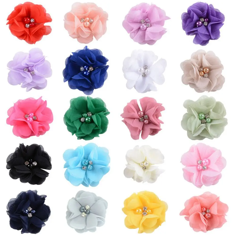 

5.5cm hand sewn pearl water diamond chiffon fabric flower DIY children girls hair clip headband accessories 12pcs/Lot