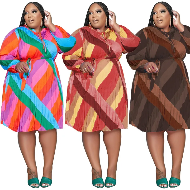 

2022 Summer Women's New Stripes With Belt Fashion Loose Plus-size Dress