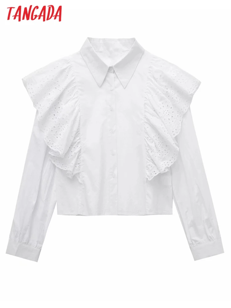 

Tangada Women Ruffles Embroidery Romantic Cotton Blouse Shirt Long Sleeve 2022 Chic Female Shirt Tops 3H430