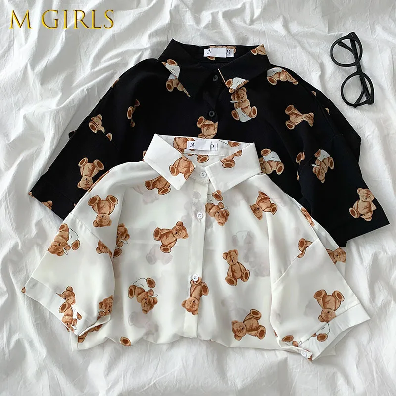 

M GIRLS 2021 Summer Women Harajuku Shirt Female Korean Cute Cartoon Bear Print Blouse Casual Loose Short Sleeve Blusas Tops