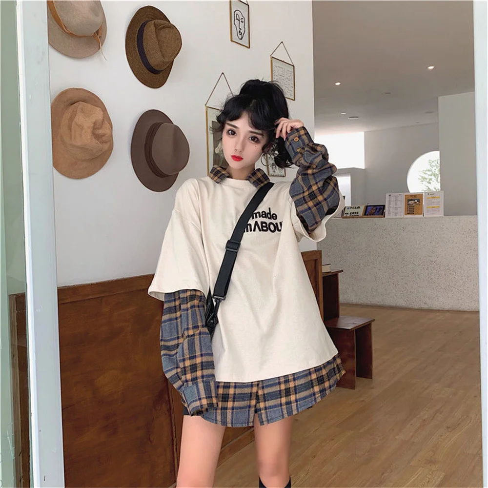 

Long Sleeve Trip Black White Top Y2k Female Kpop Fake Two Piece Unisex Sweatshirt Loose Spring Autumn Girls Women Clothes