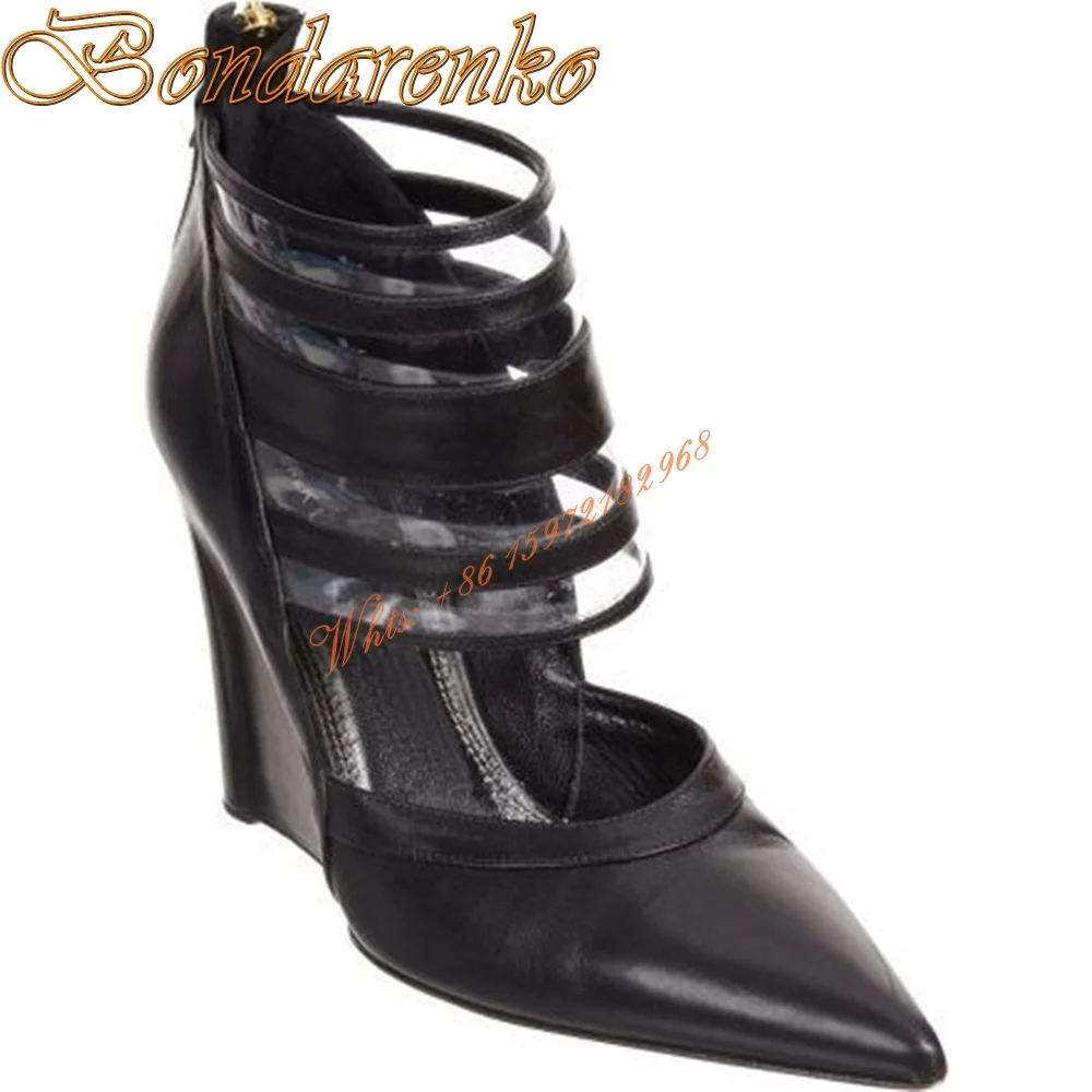 Cut Outs Straps Wedges Pumps Pointy Toe Solid Black Ankle Women Dress Shoes Zipper Hollow Spring Party Daily Pumps Fashion Sexy