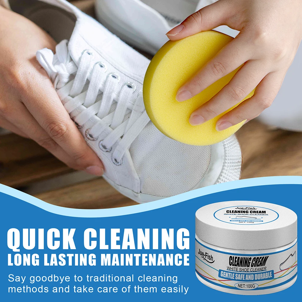 

100g White Shoes Cleaning Cream Stains Remover Shoes Whitening Cleansing Cream with Wipe Sponge for Shoes Sneakers