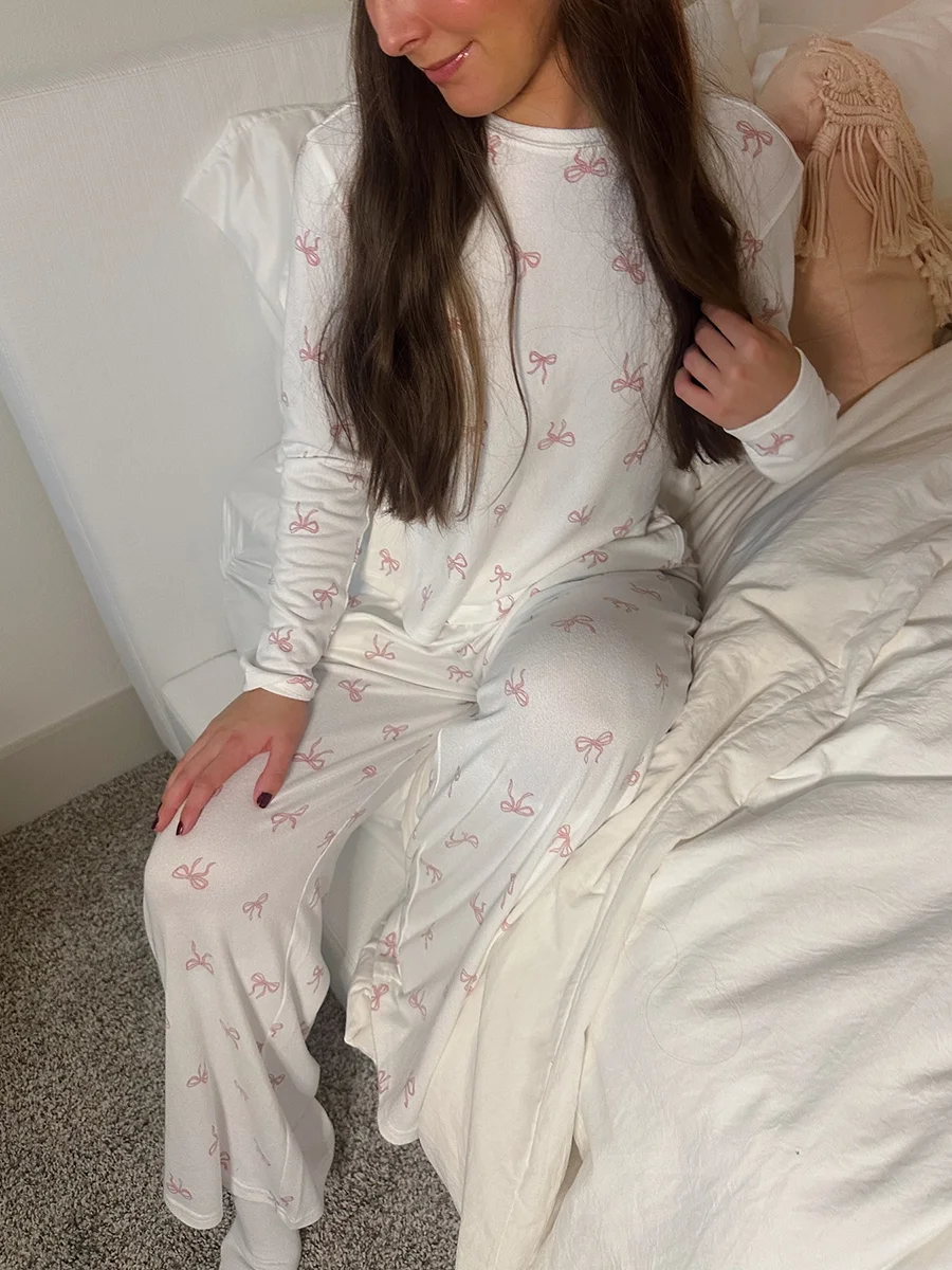 (Пред распродажа) Футболка с принтом банта брюки пижамный комплект женская