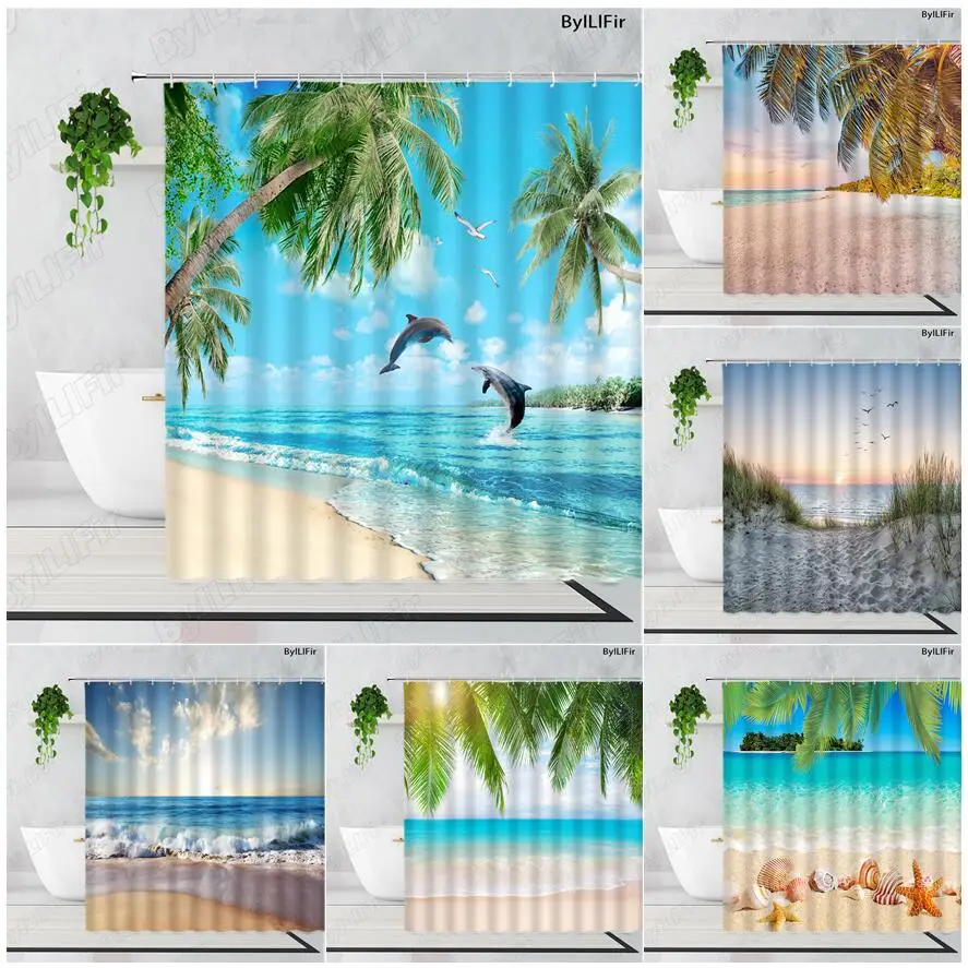 

Ocean Landscape Shower Curtains Beach Coconut Trees Dolphin Starfish Sea Waves Nature Scenery Fabric Bathroom Decor Curtain Sets