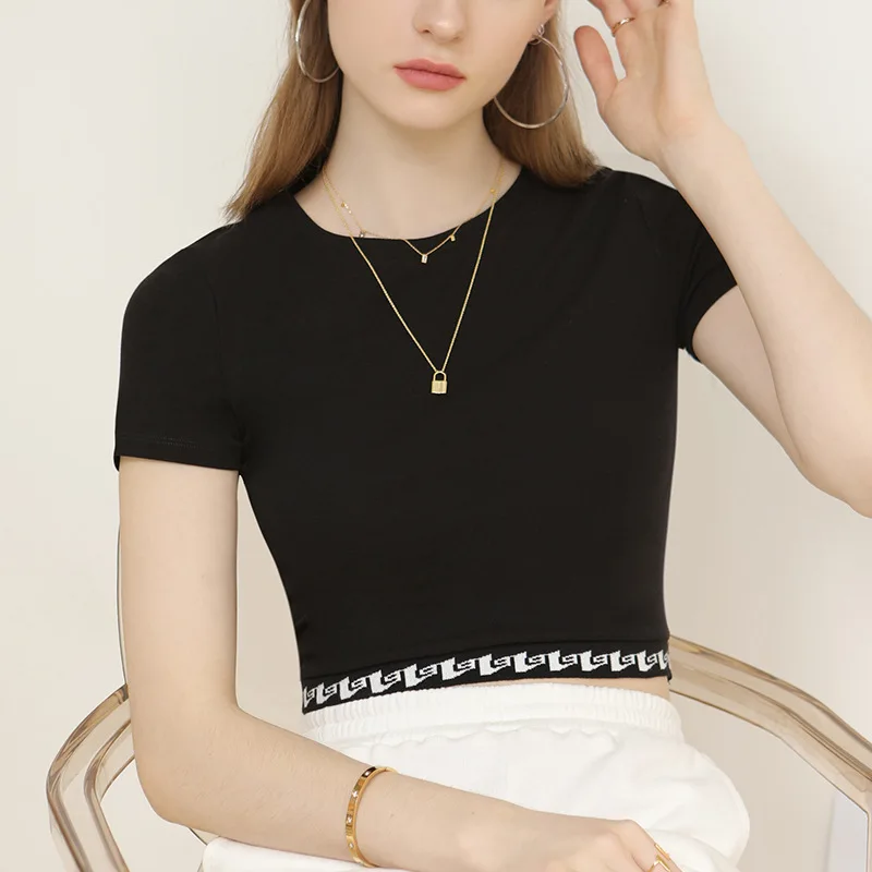 

Summer New T-shirts O-Neck Casual Geometric Patterns Slim Fit Short Sleeve Inner Bottoming Exposed Waist Tops Women 2022