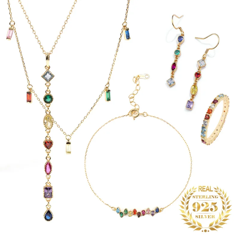 

Fashion Sterling Silver 925 Colorful Zircon Summer Bracelet Women Teardrop Colorful Cubic Zirconia Vintage Bohemia Jewelry Sets