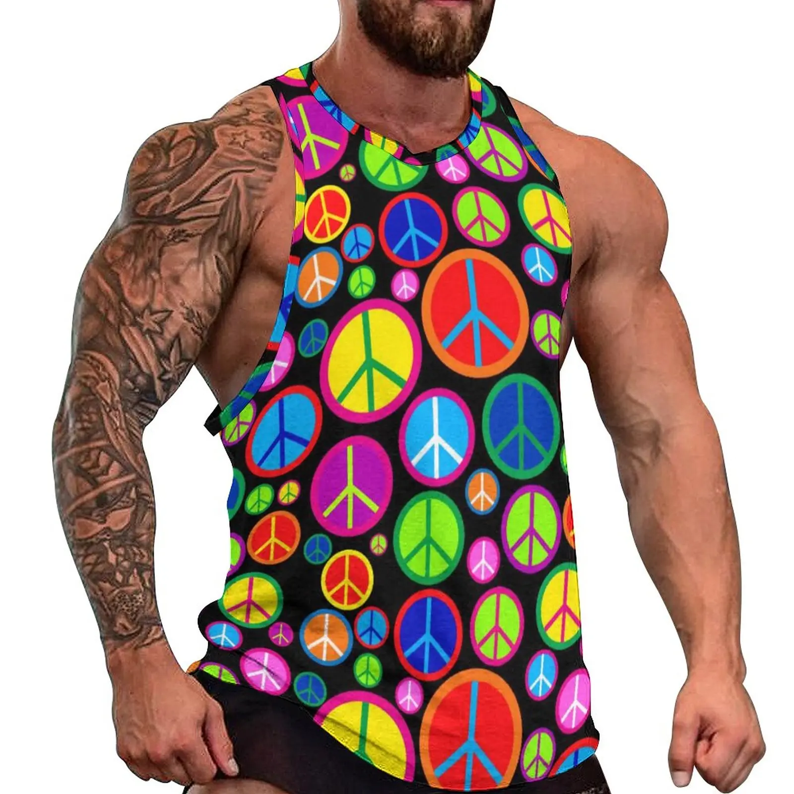 

Peace Symbols Tank Top Cool Colorful Groovy Sportswear Tops Beach Bodybuilding Mens Custom Sleeveless Shirts Big Size