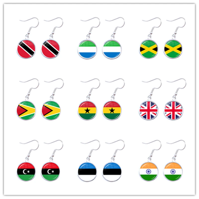 

Trinidad,Sierra leone,Jamaica,Guyana,Ghana,UK,Libya,Estonia,India National Flag Glass Cabochon Drop Earrings Jewelry For Women