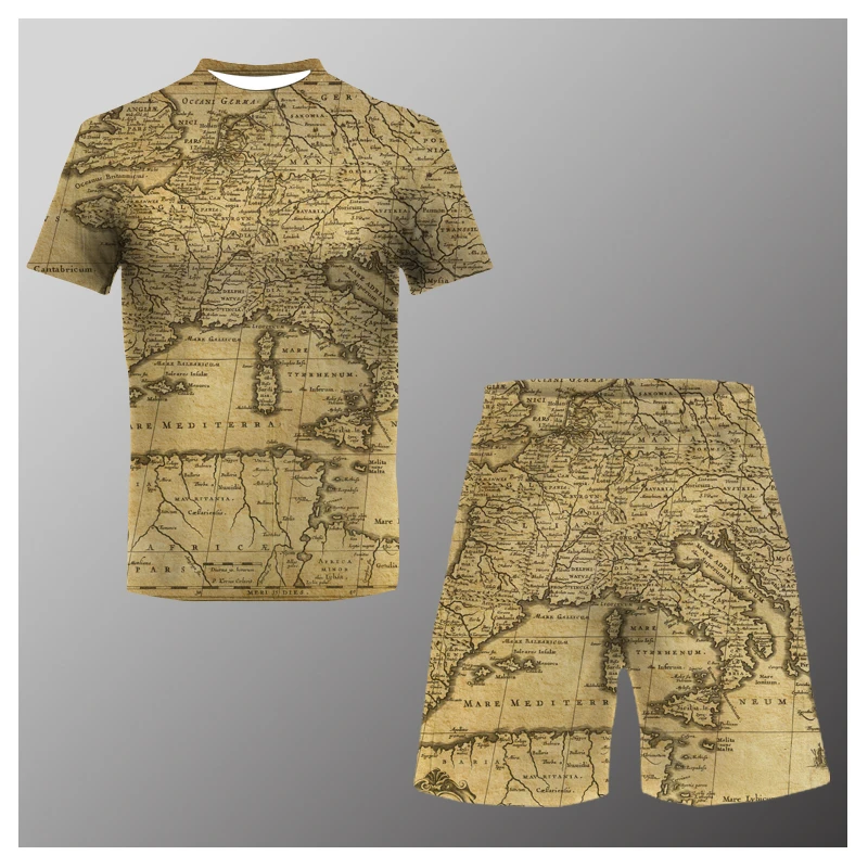 

2023 New Men's 2 Piece Medieval Map Summer T-Shirt Shorts 3D Printing Casual Men's Suit Fashion Crew Neck Top Beach Sportswear