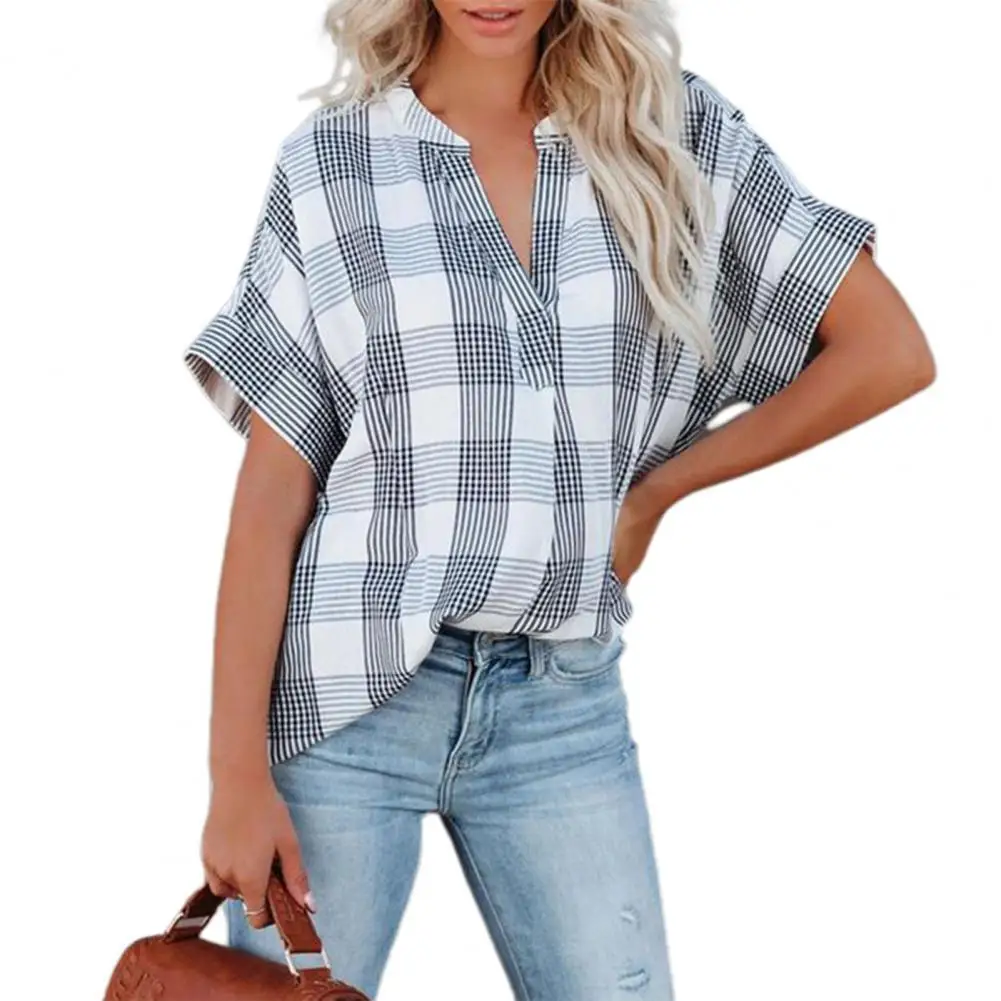 

Женские футболки в клетку, шифоновые Свободные топы с коротким рукавом и принтом, с V-образным вырезом, женская одежда на лето 2022