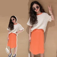 girls puff sleeve t shirt sets 2022 trend design summer new high waist solid color skirt 2pcs suit teenage elegant casual outfit