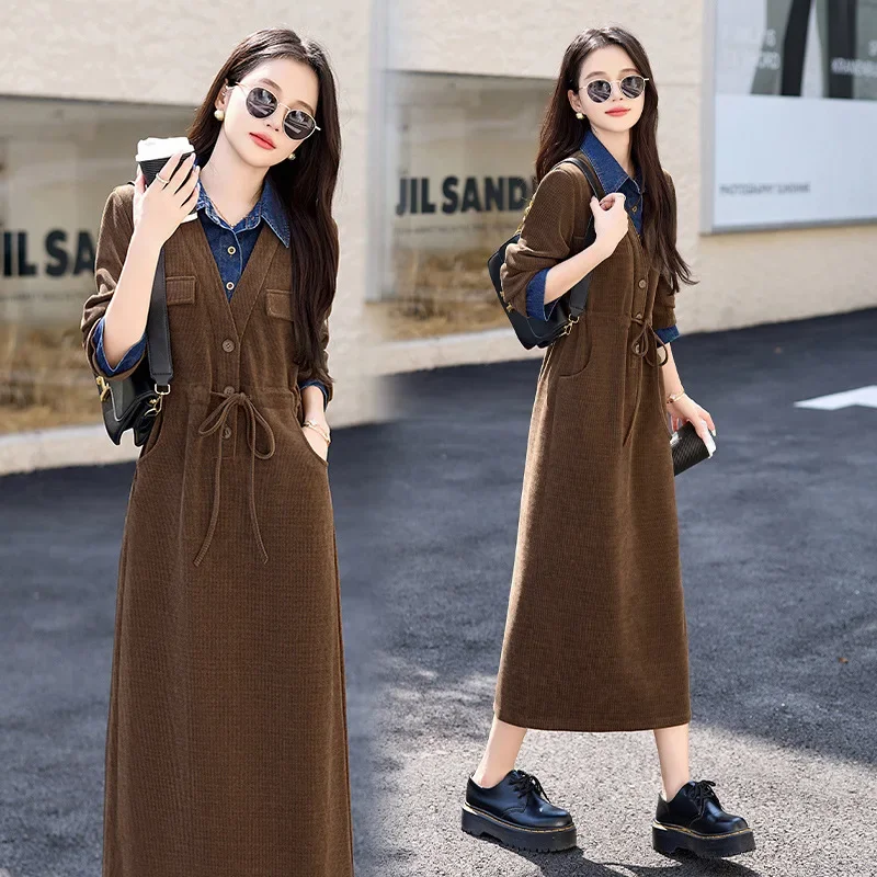 Элегантное платье с длинными рукавами осень 2024 новинка облегающая талию