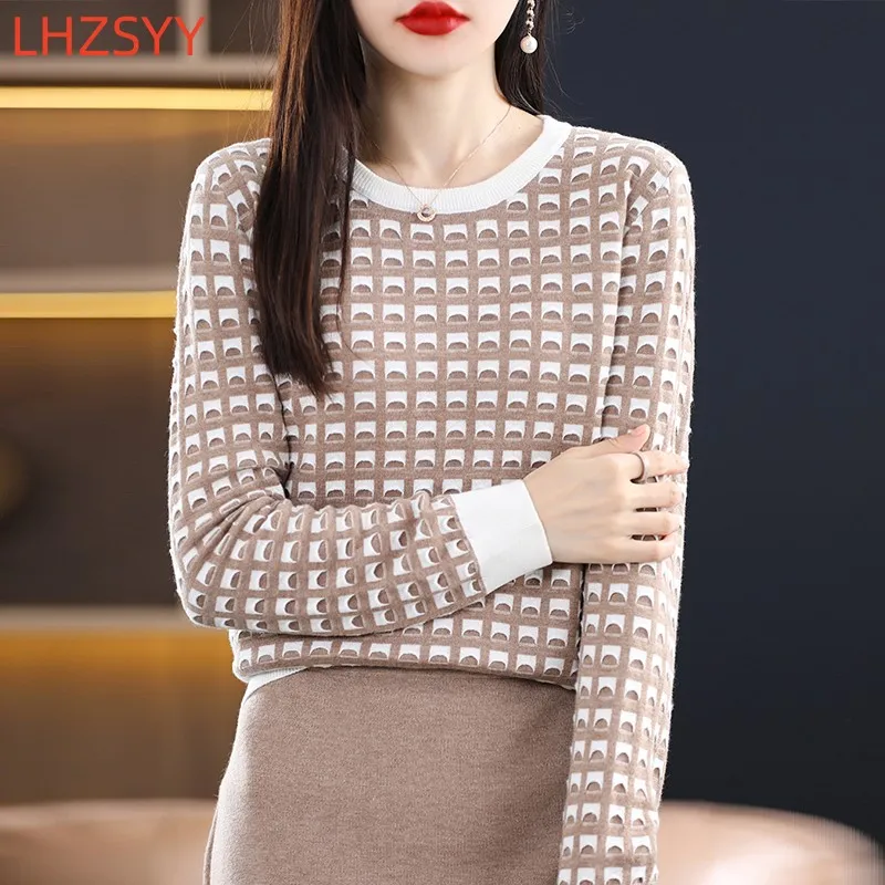 

LHZSYY Cashmere Sweater Ladies O-Neck Colorblock Pullovers Spring Autumn New 100% Wool Sweater Wild Loose Women Tops Knit Jumper
