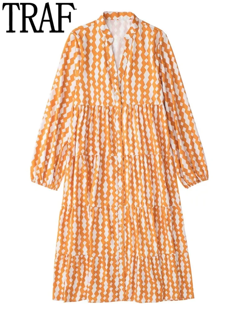 

TRAF 2022 Printed Orange Long Dress Women Ruched Ruffle Midi Dress Woman Long Sleeve Female Dress Summer Button Casual Dresses